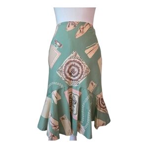 Anthropologie Odille Green Asymmetrical Trumpet Midi Skirt Resort Sz 2